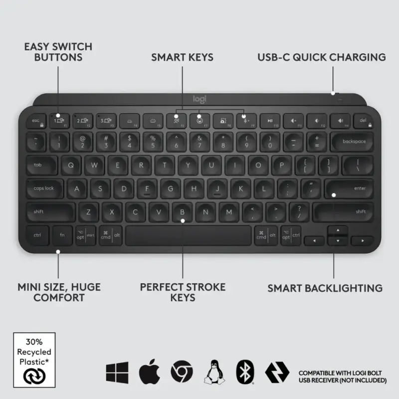 Logitech - MX Keys Mini TKL Wireless Bluetooth Scissor Keyboard w/ Backlit Keys - Black 920-010475 - Image 5