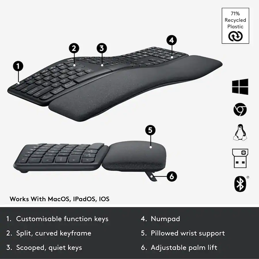 Logitech - ERGO K860 Ergonomic Full-size Wireless Scissor Keyboard for Windows and Mac with Palm Rest 920-009166 - Image 6