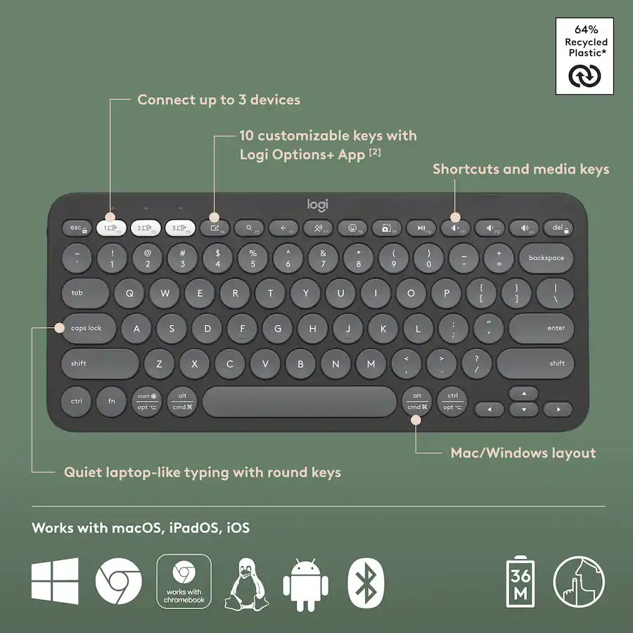 Logitech - Pebble Keys 2 Slim TKL Wireless Scissor Keyboard for Windows, macOS 920-011775 - Image 6
