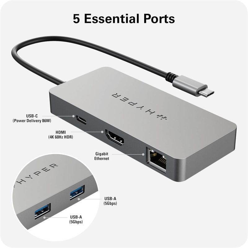 HyperDrive 5 Port USB C Hub - 86W Power Delivery, 4K HDMI, Ethernet, 5Gbps USB-A, USB HDMB2 - Image 3
