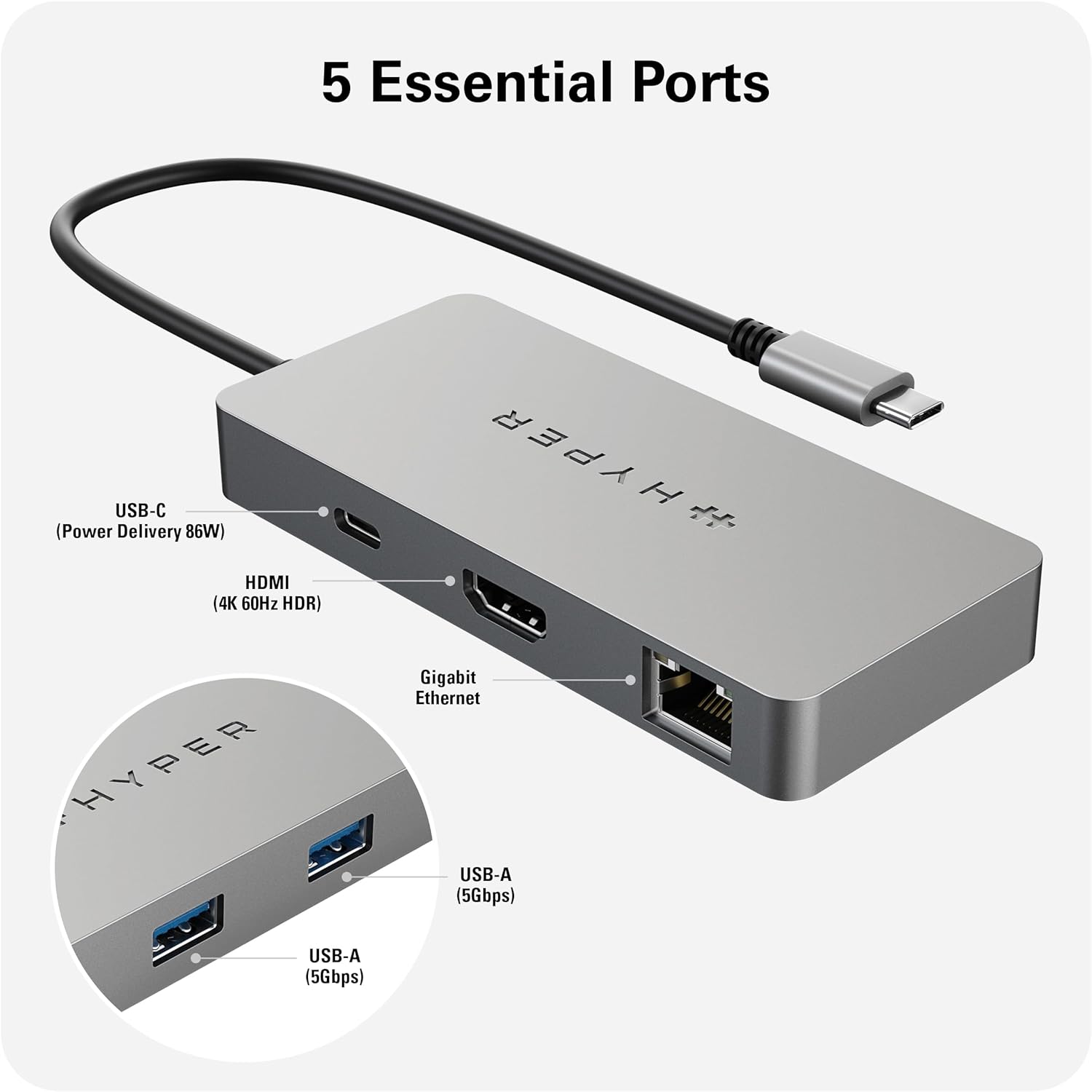 HyperDrive 5 Port USB C Hub - 86W Power Delivery, 4K HDMI, Ethernet, 5Gbps USB-A, USB HDMB2 - Image 3