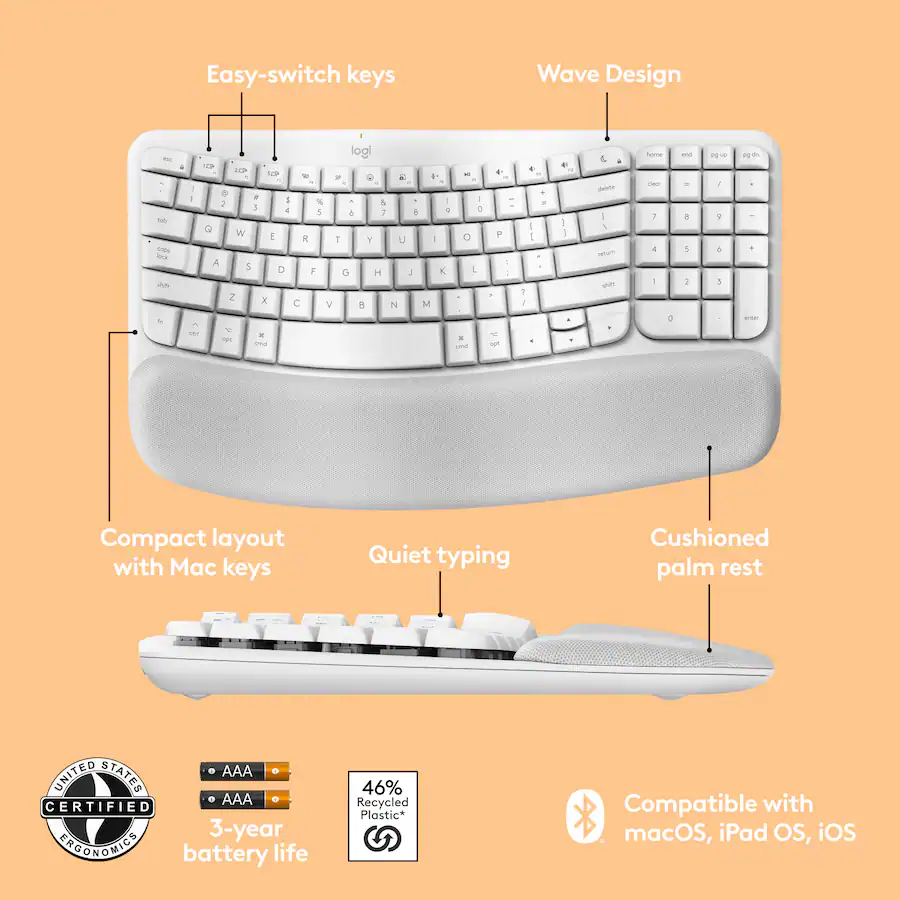 Logitech - Wave Keys for Mac Ergonomic Wireless Membrane Keyboard with Integrated Palm-rest 920-012402 - Image 6