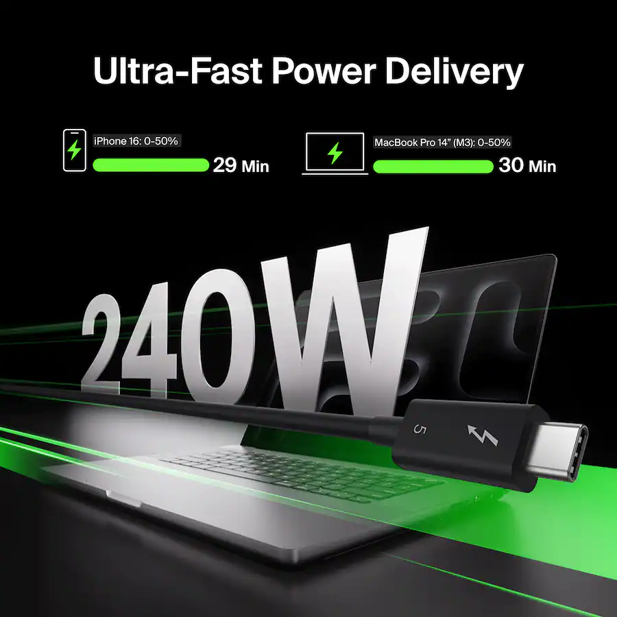 Belkin - 3.3ft USB-C Thunderbolt 5 Cable w/ 240W, Bandwidth Boost Up to 120Gbps, and 4K UHD - INZ005fq1MBK - Image 9