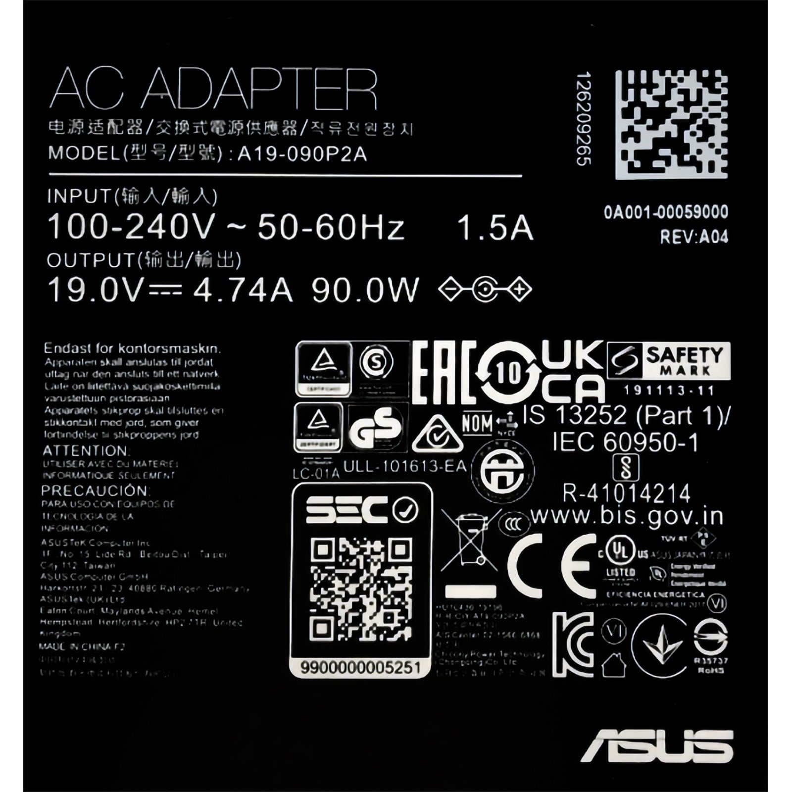 A19-090P2A 90W 100-240V Asus AC Adapter ZenBook Pro 17 UM6702RA - Image 2