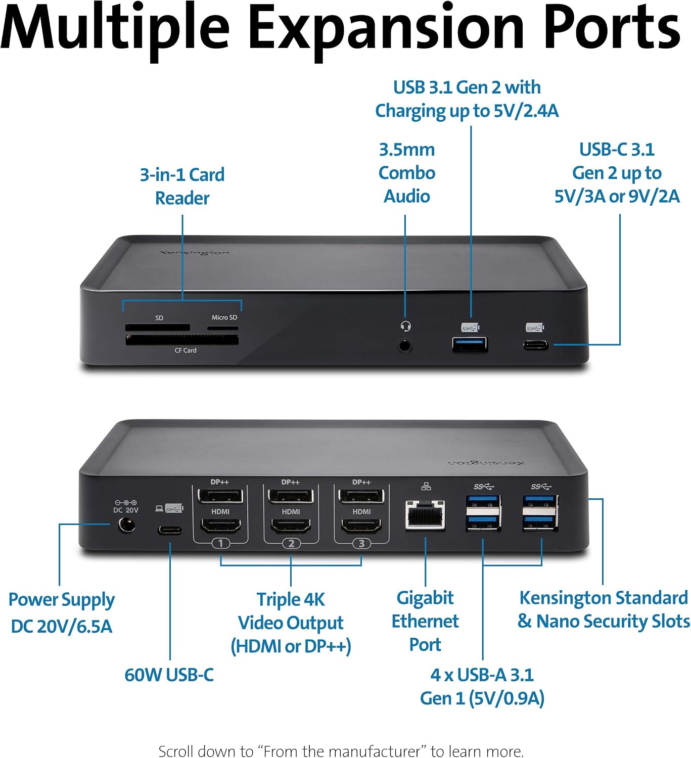 Kensington SD4900P USB-C Thunderbolt 3/4 & USB-A 10Gbps Triple 4K Hybrid Dock - 60W PD - DP & HDMI - Windows/macOS - Image 8